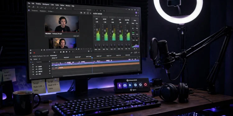Desktop streaming setup with a monitor showing video production software, ring light and microphone, dark room with LED glow
