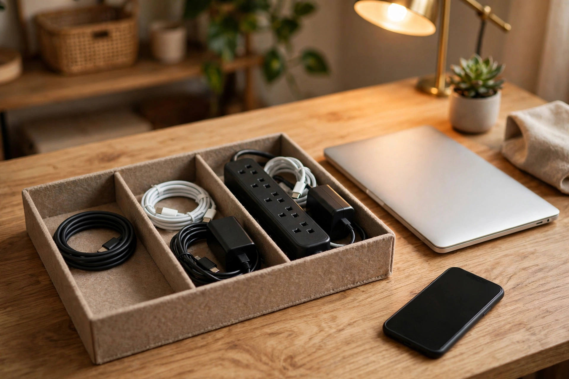 Tidy desk with neatly coiled cables and chargers in an organizer tray