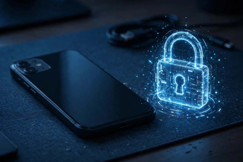 Smartphone on a desk beside a glowing padlock symbol in dark blue tones