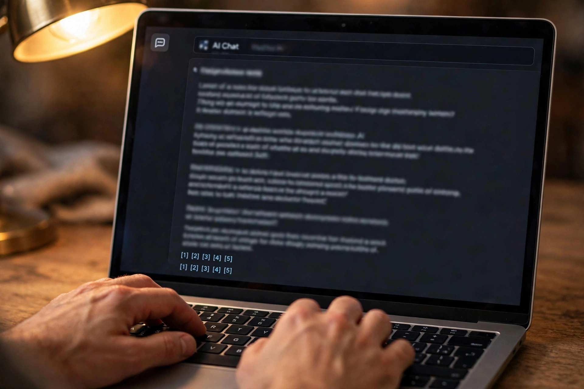 Close-up of a laptop screen showing an AI chatbot answer with numbered source citation links beside hands on a keyboard
