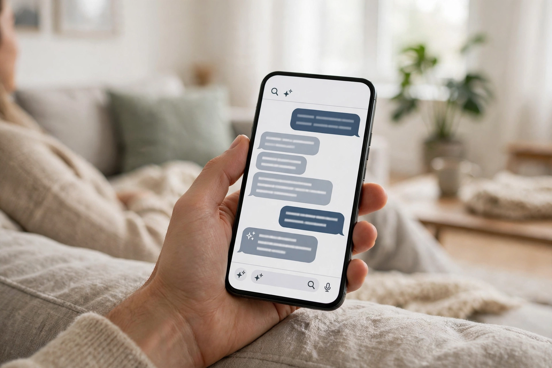 Hand holding a smartphone showing an AI search chat conversation while relaxing on a sofa in a bright living room