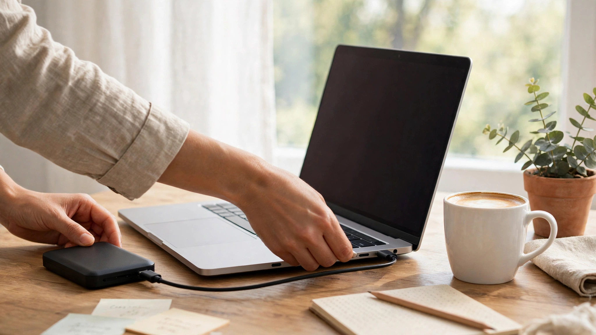 Hands plugging a portable external hard drive into a laptop to back up files