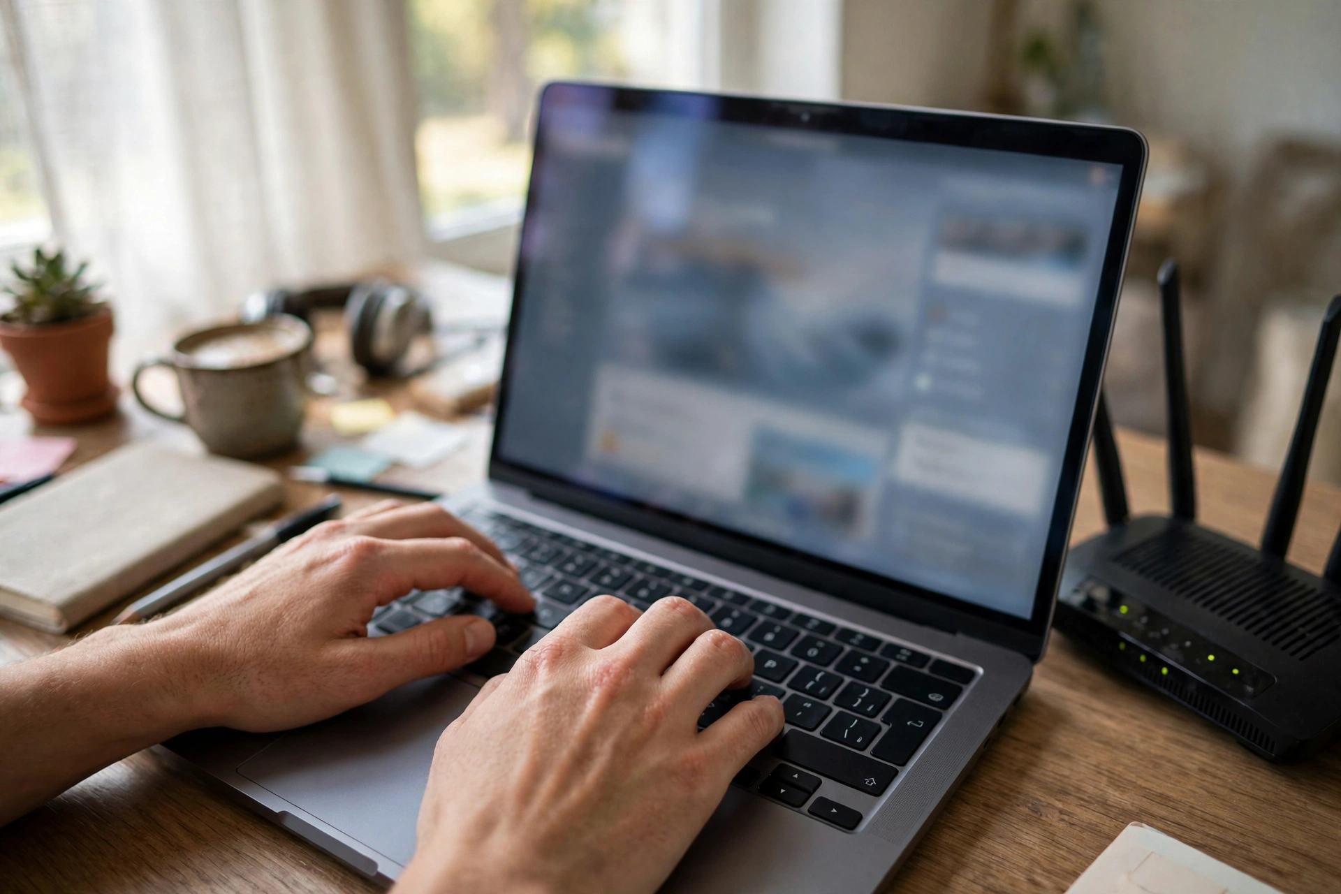 Person typing on a laptop to change the router's default admin password