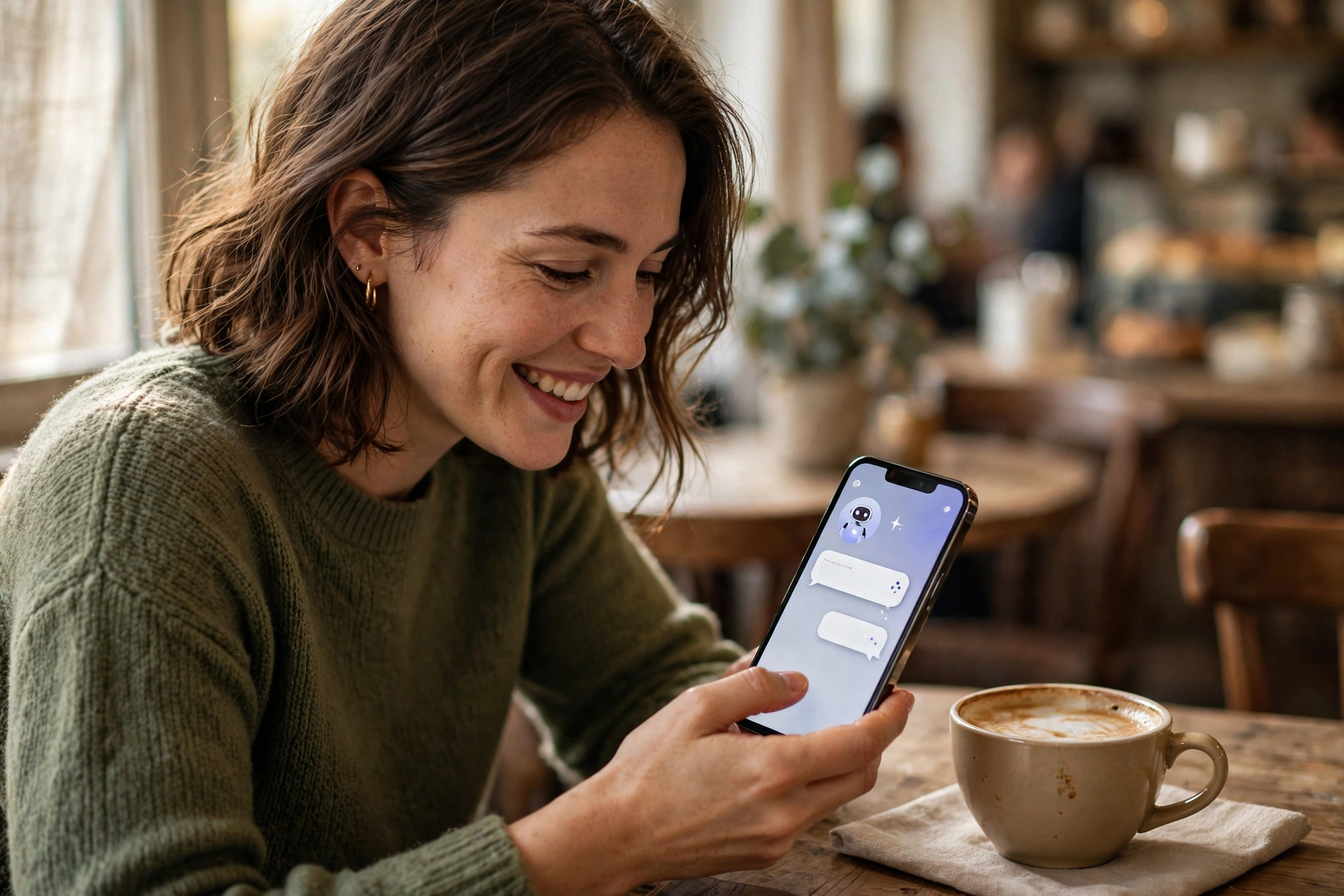 Person smiling while chatting with an AI assistant on a smartphone at a cafe