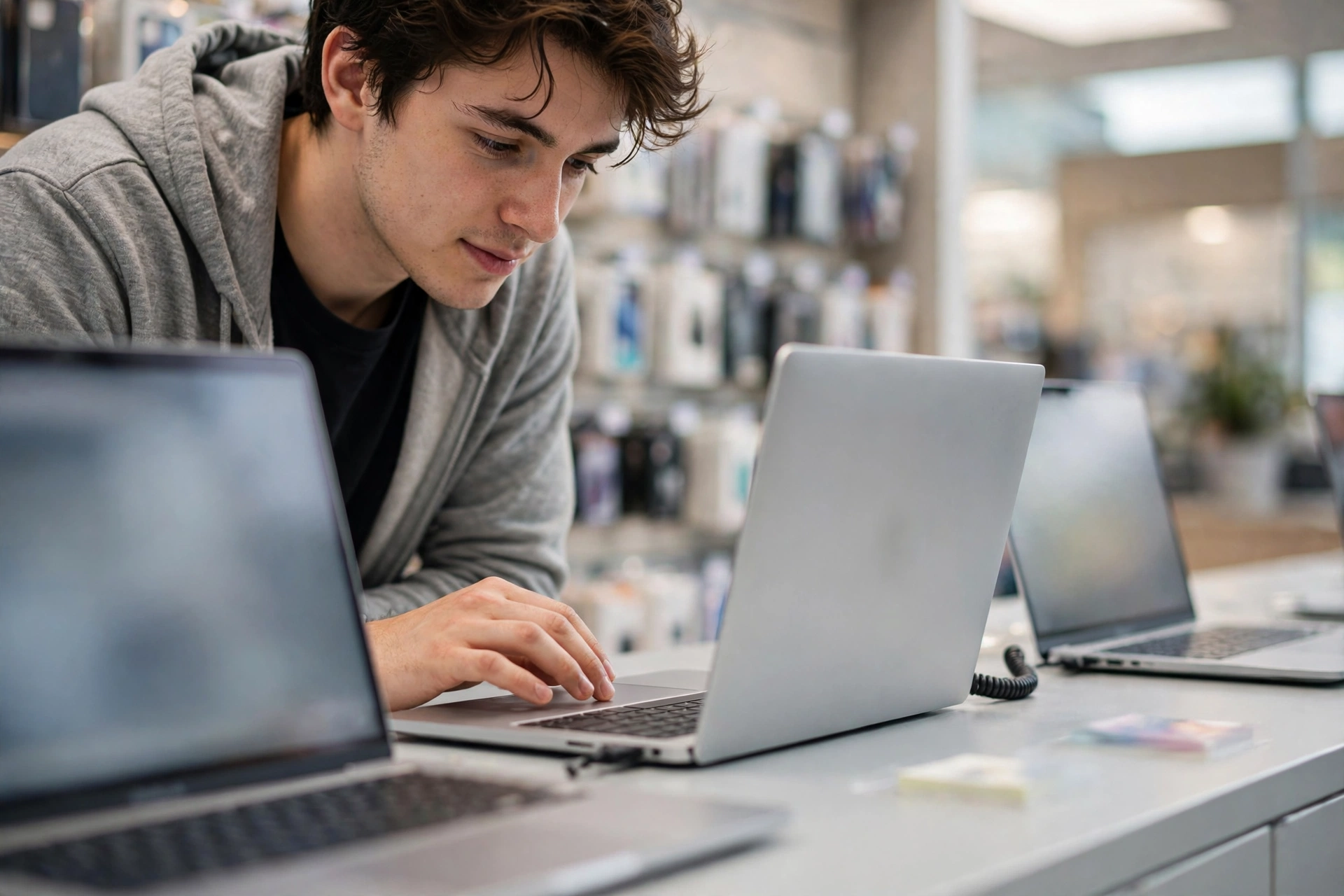 Shopper testing a display laptop's trackpad in an electronics store