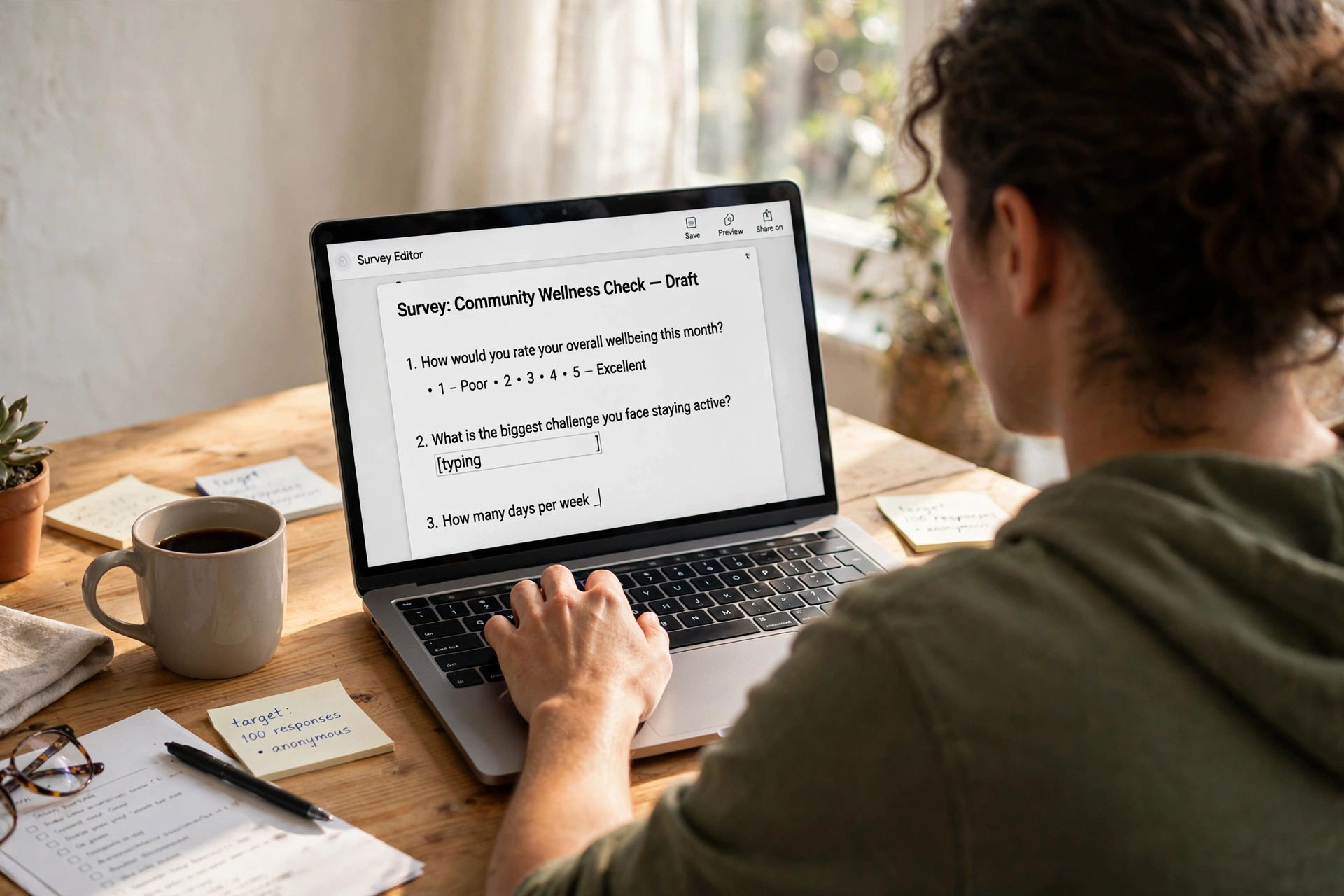 Over-the-shoulder view of a person typing survey questions into a form on a laptop