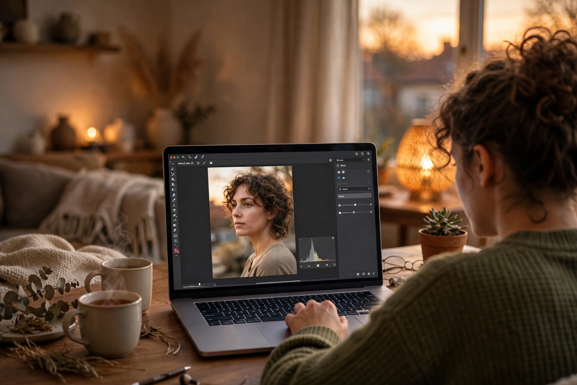 Over-the-shoulder view of a person editing a portrait photograph on a laptop at home in warm evening light