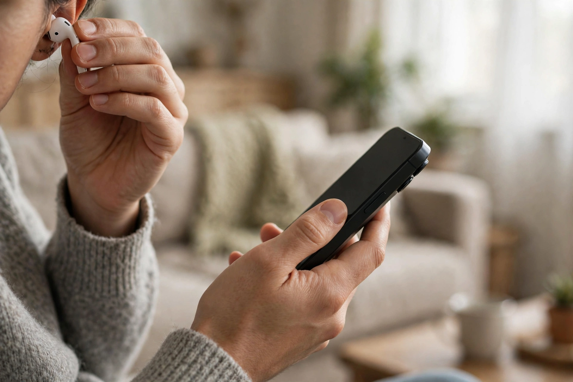 Close-up of hands holding a smartphone while putting wireless earbuds in ears in a cozy living room