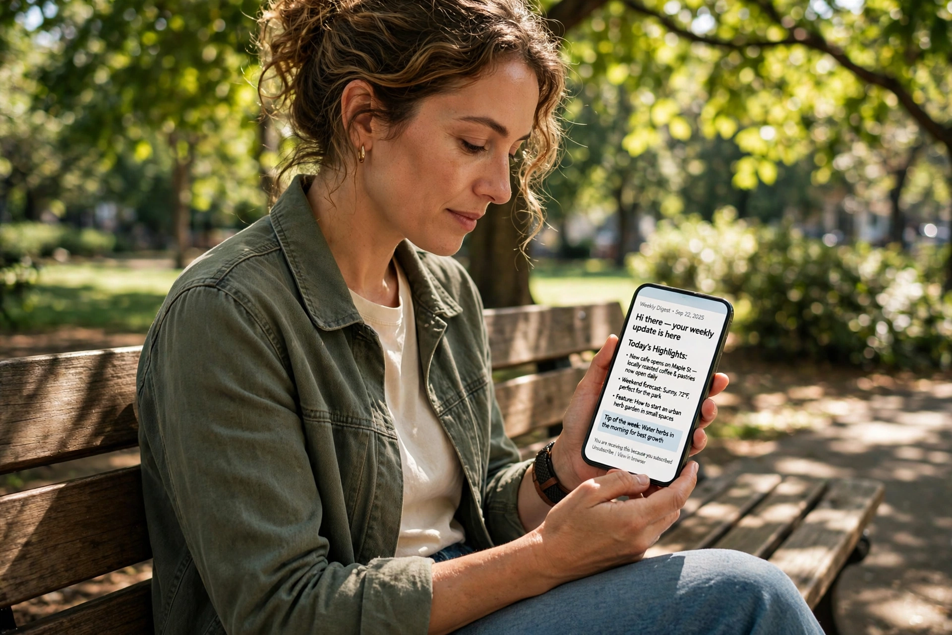 A person reading a newsletter on a phone while sitting on a park bench