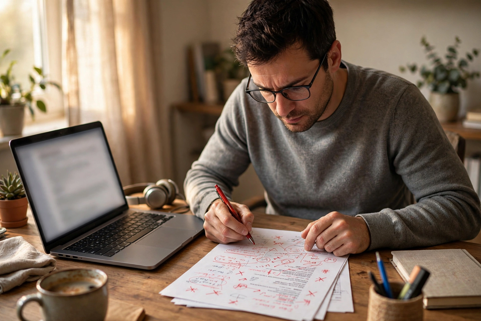 Job seeker reviewing and proofreading their CV on a laptop at a home office desk