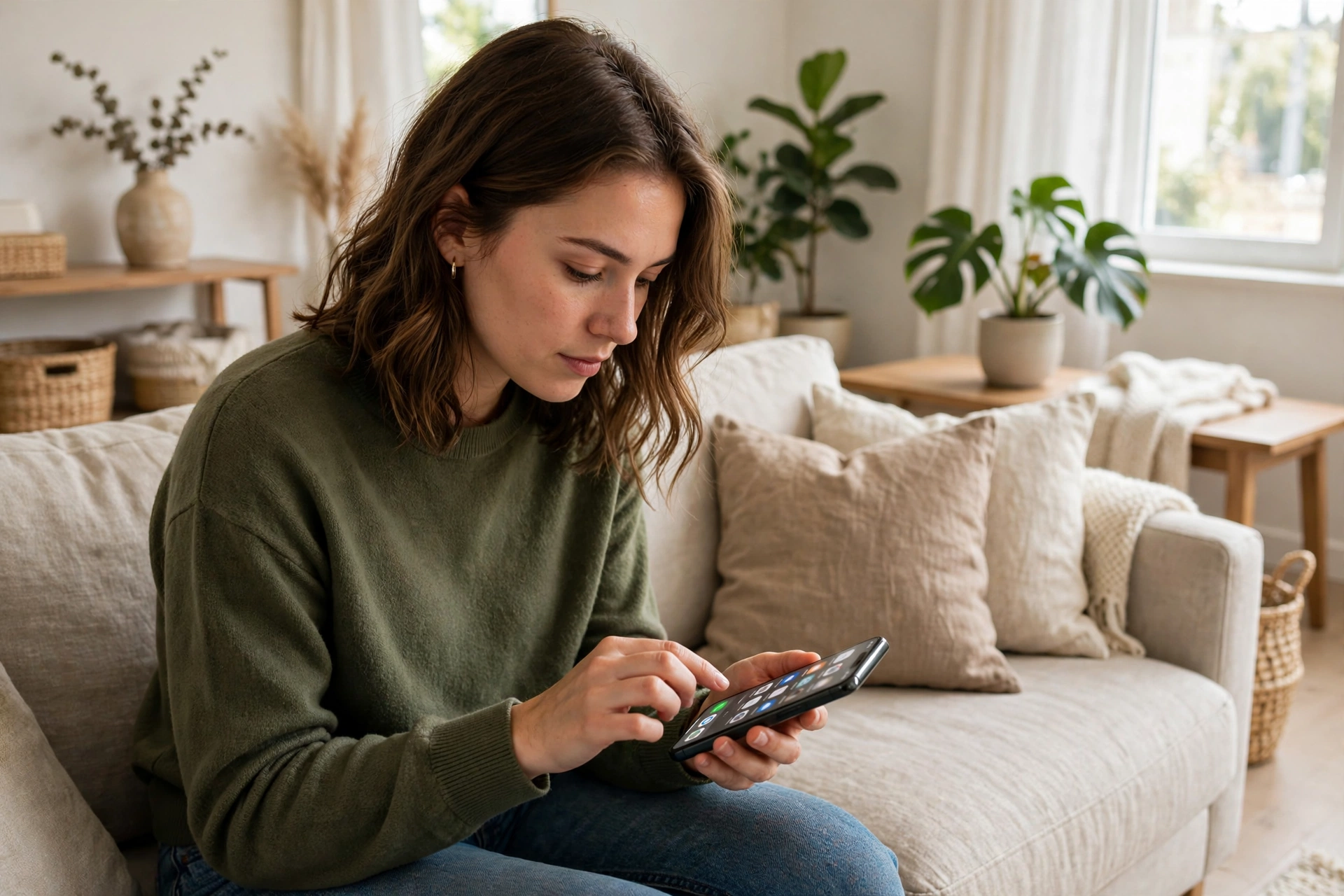 Person setting up a new smartphone on a sofa in a bright living room
