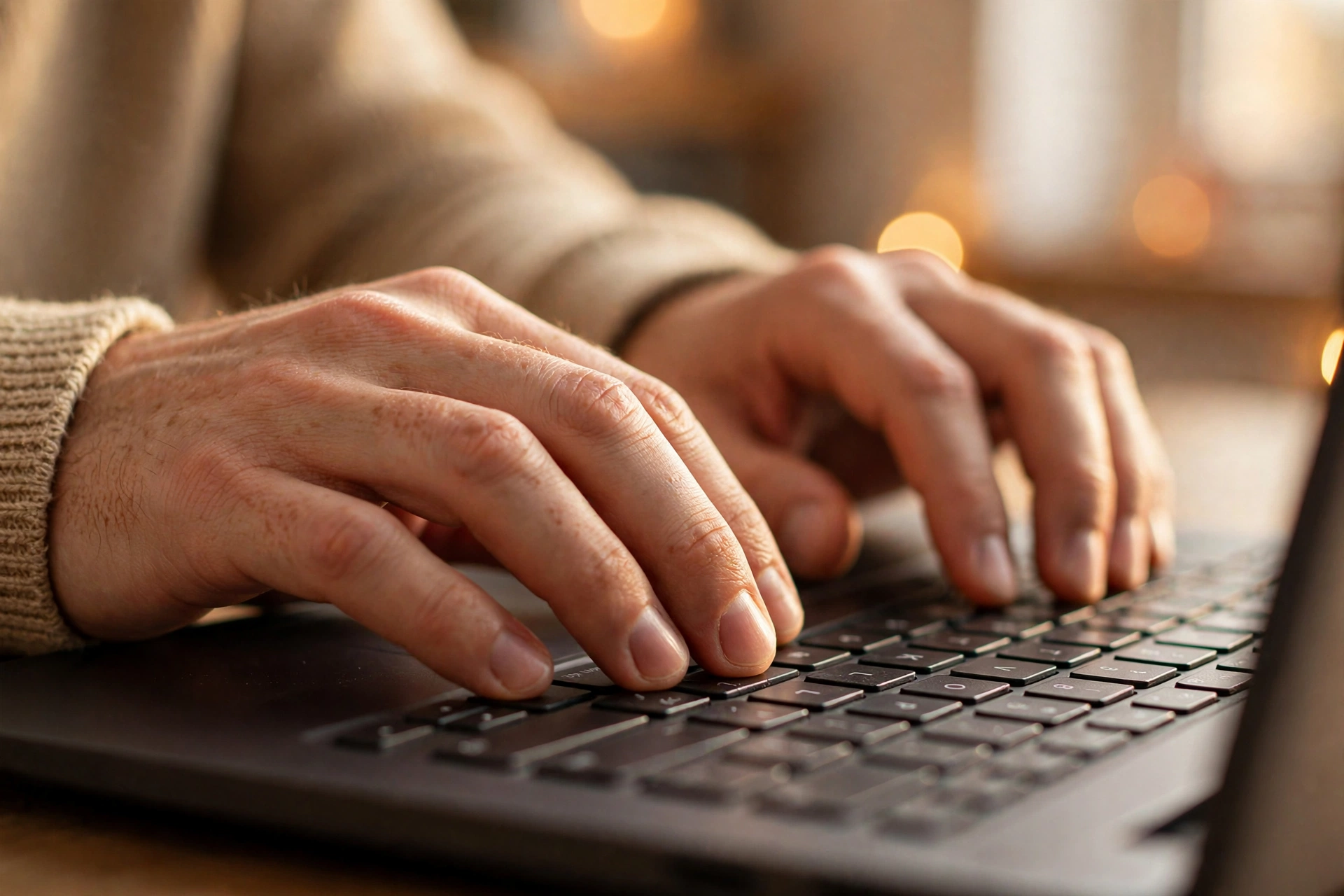 Hands typing on a laptop keyboard in soft warm light