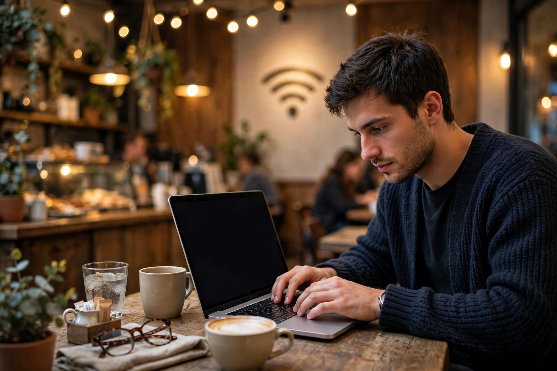 Person working on a laptop in a cozy coffee shop with warm lights, illustrating public Wi-Fi use