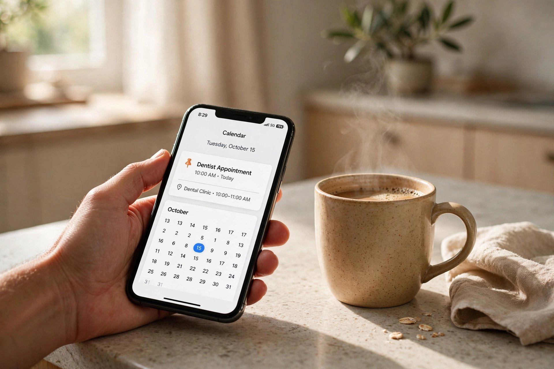 Hand holding a smartphone showing a calendar reminder on the screen beside a coffee mug on a kitchen counter