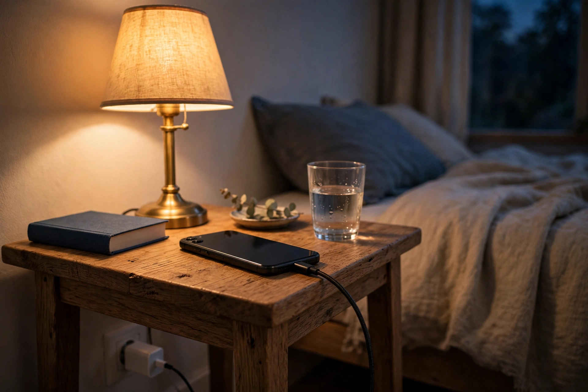 Smartphone charging overnight on a bedside table via USB-C cable