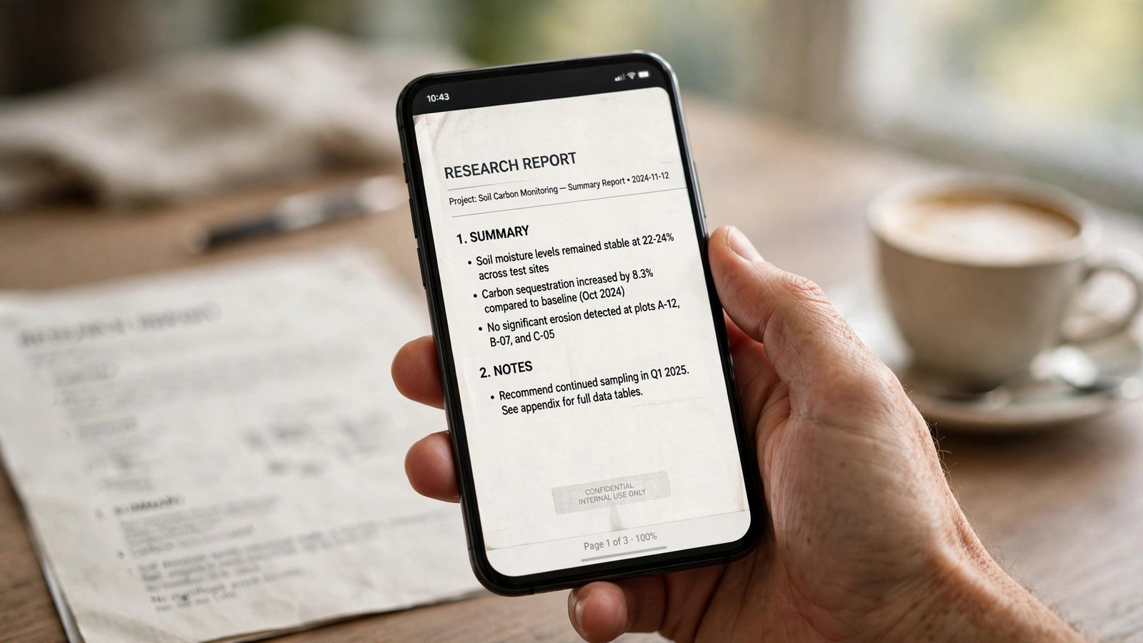 Hand holding a smartphone displaying a clean scanned PDF document page