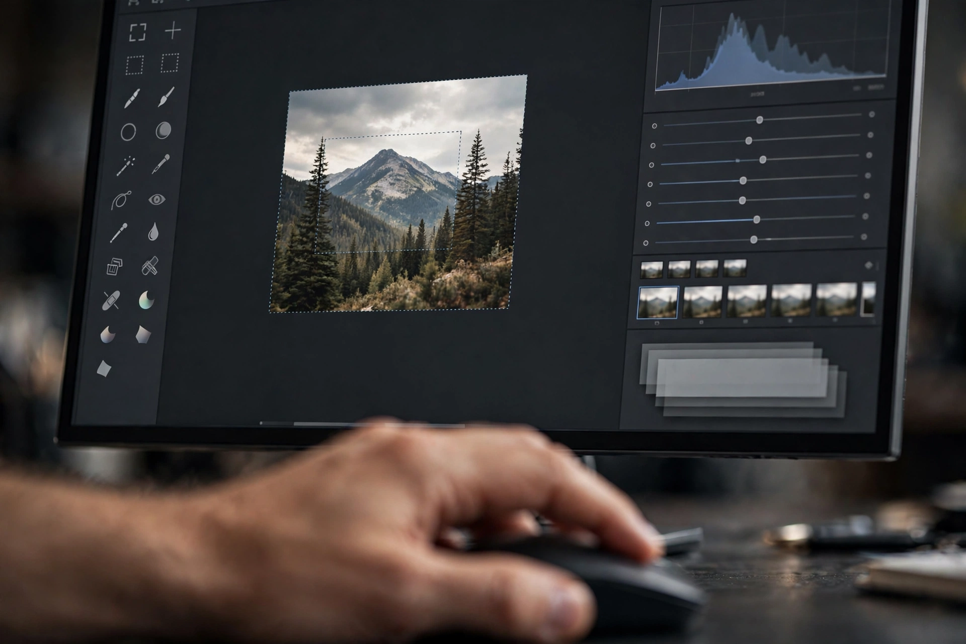 Close-up of a photo editor interface on a monitor with editing tools visible and a hand on a mouse