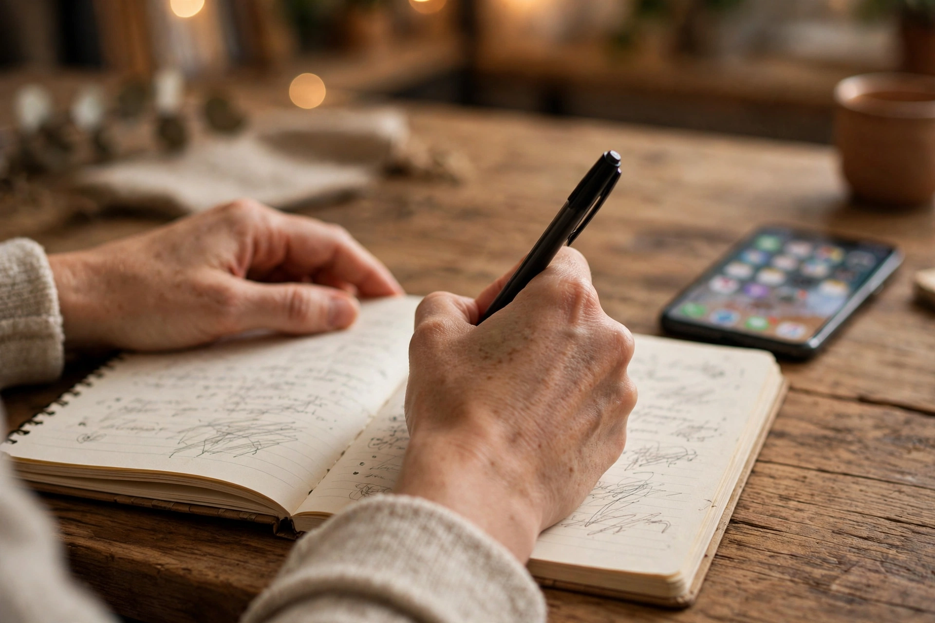 Hands writing social media post ideas in an open notebook with a pen, smartphone nearby on a cozy wooden desk