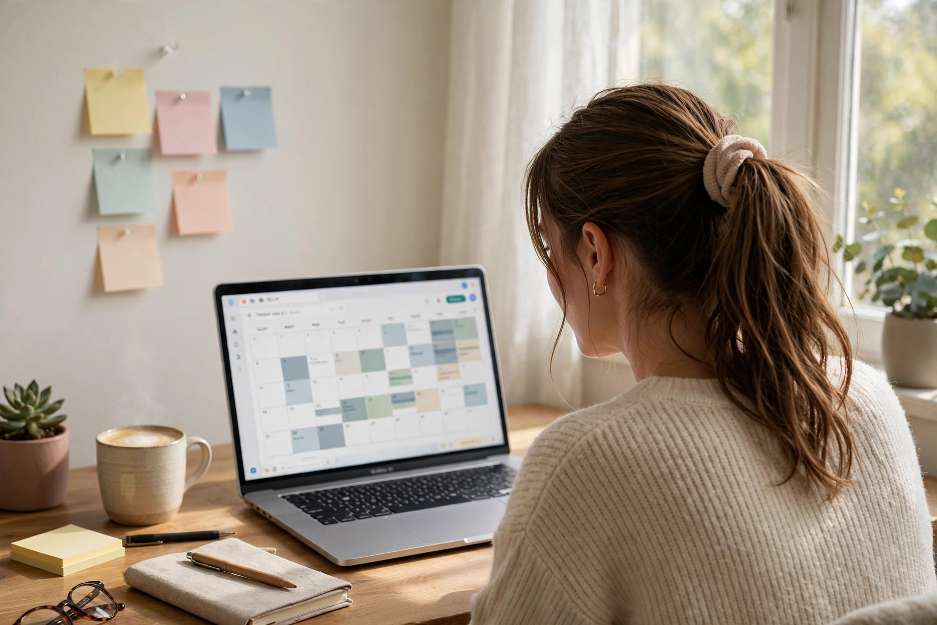 Over-the-shoulder view of a woman planning her week on a laptop calendar app at a tidy home desk