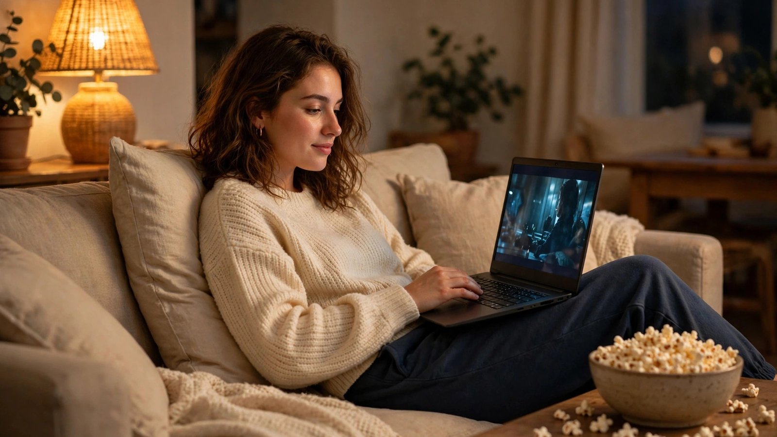 Person watching a movie on a laptop on the couch with popcorn
