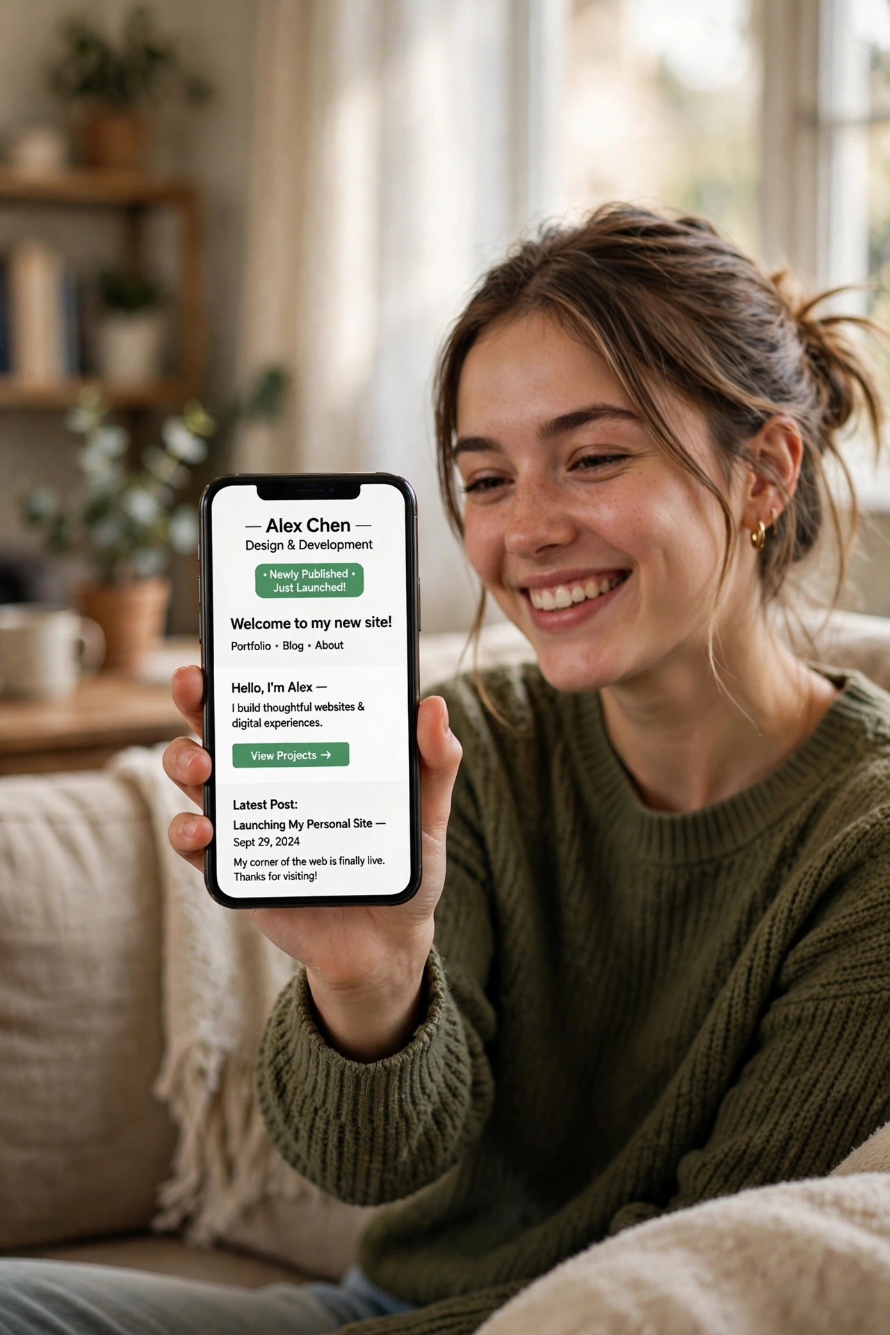 Person holding a smartphone showing their newly published personal website, smiling on a living room sofa