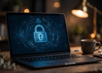 Laptop on a desk with a glowing padlock warning screen graphic
