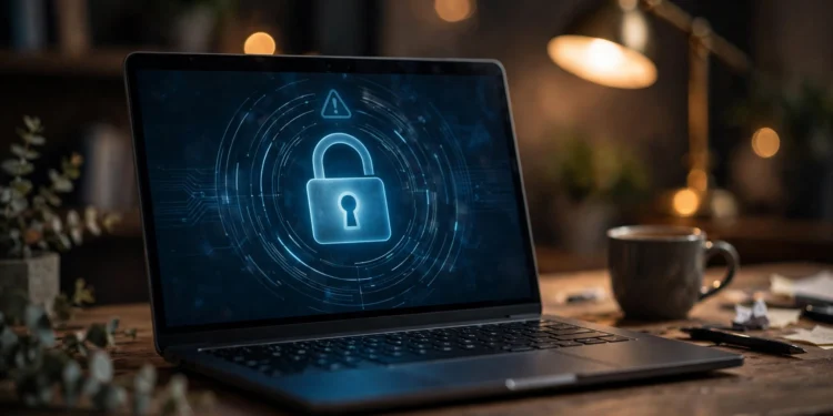 Laptop on a desk with a glowing padlock warning screen graphic