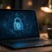 Laptop on a desk with a glowing padlock warning screen graphic