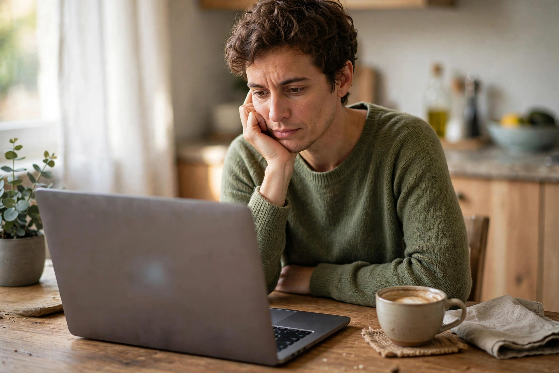 Thoughtful person reading news on a laptop at a kitchen table with coffee