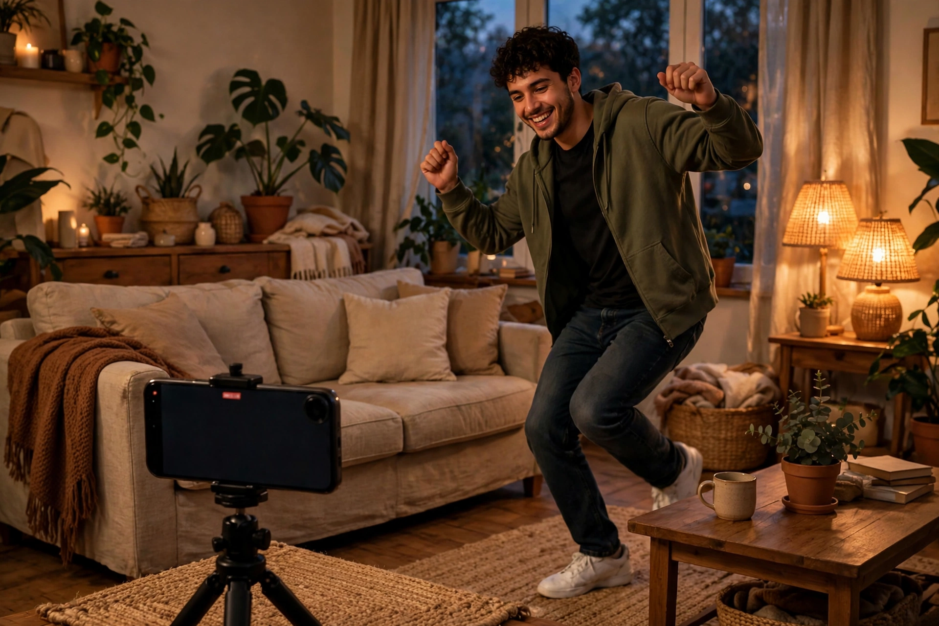 Smartphone on a tripod recording a young man dancing playfully in a cozy living room
