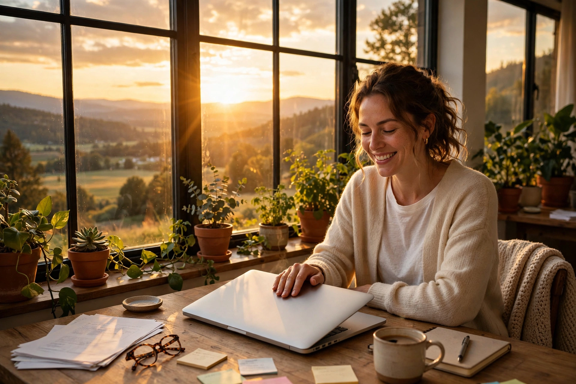 Happy person closing a laptop at golden hour beside a bright window, feeling done for the week