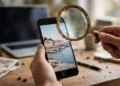 Hand holding a smartphone showing a photo, with a magnifying glass over the screen, laptop blurred in the background