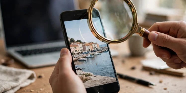 Hand holding a smartphone showing a photo, with a magnifying glass over the screen, laptop blurred in the background