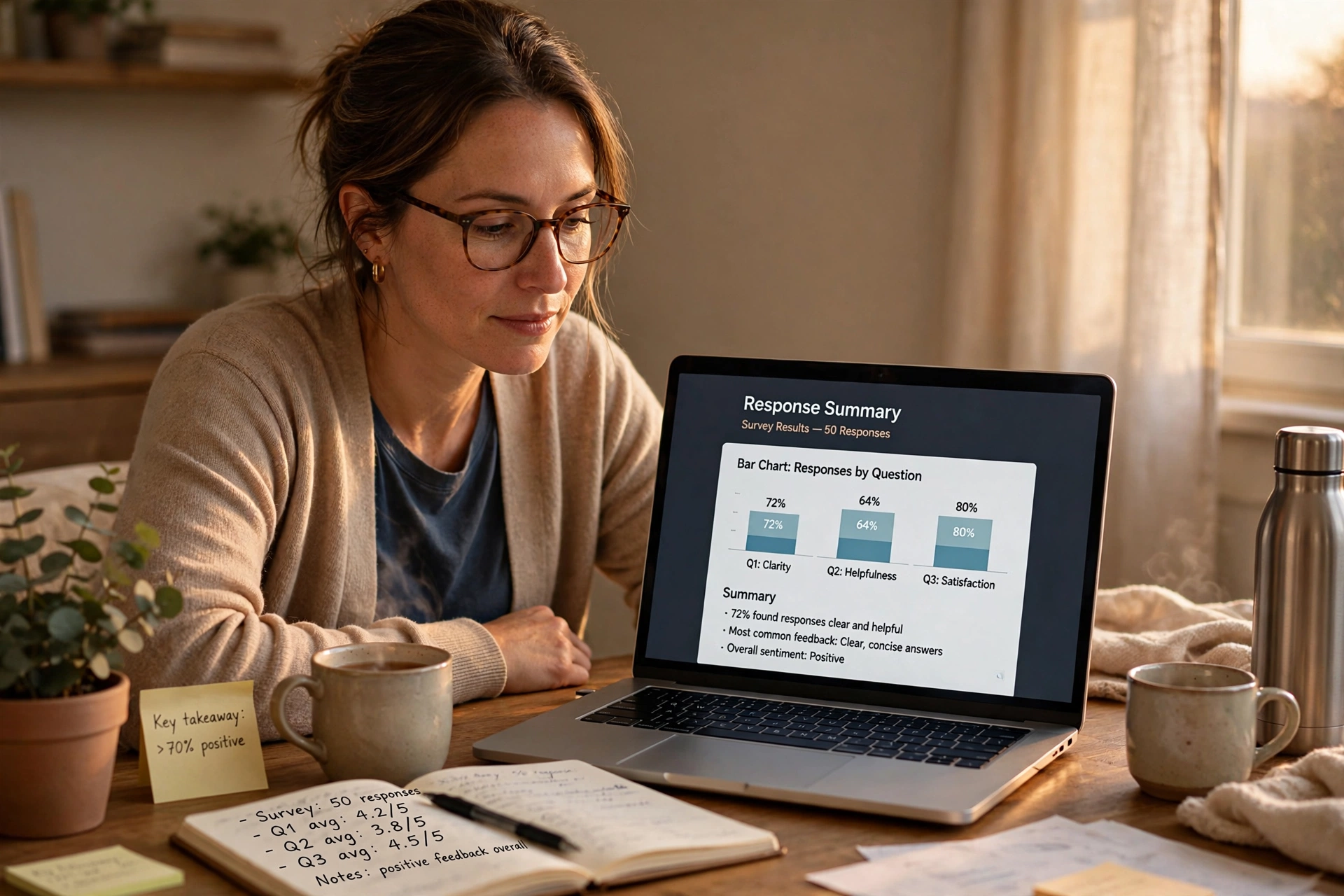 Person at a desk reviewing simple bar charts summarizing form responses on a laptop screen