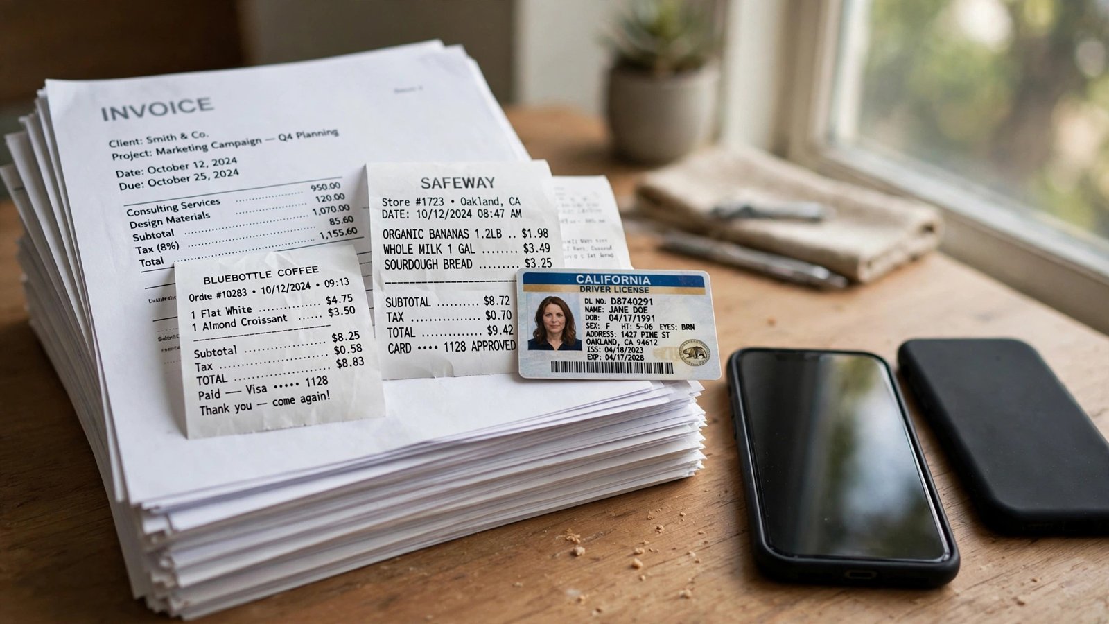 Stack of paper documents, receipts and an ID card next to a smartphone by a window
