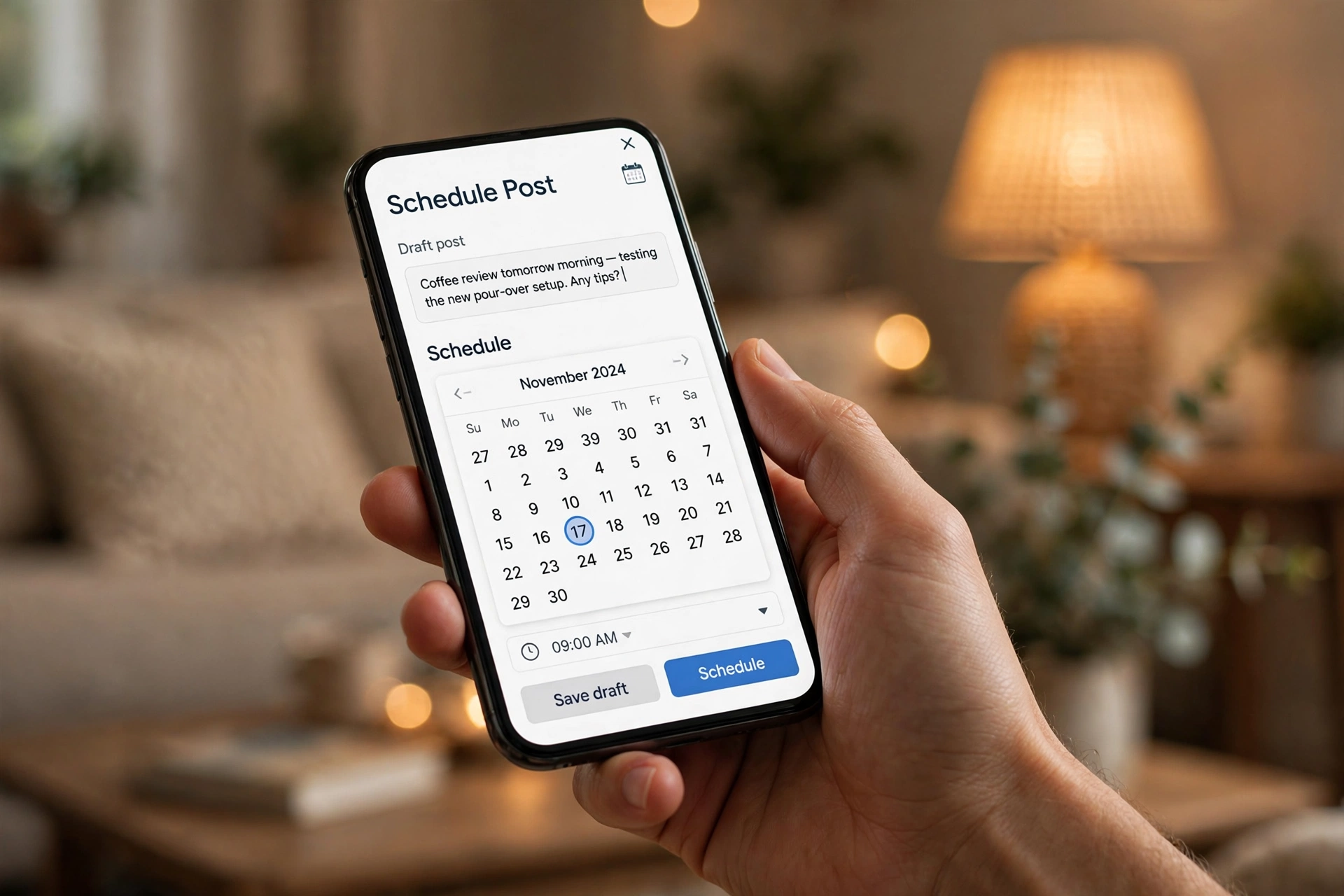 Hand holding a smartphone showing a generic scheduling app with a draft post and a calendar picker, blurred living room background