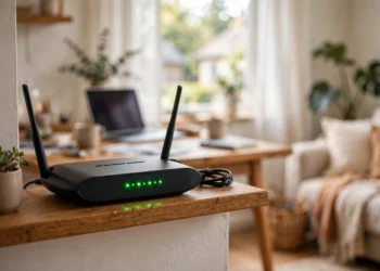 Modern home Wi-Fi router with glowing status lights on a wooden shelf in a living room
