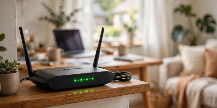 Modern home Wi-Fi router with glowing status lights on a wooden shelf in a living room
