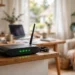 Modern home Wi-Fi router with glowing status lights on a wooden shelf in a living room