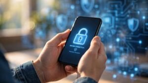 Hands holding a smartphone showing a glowing padlock security icon against a blue digital security background