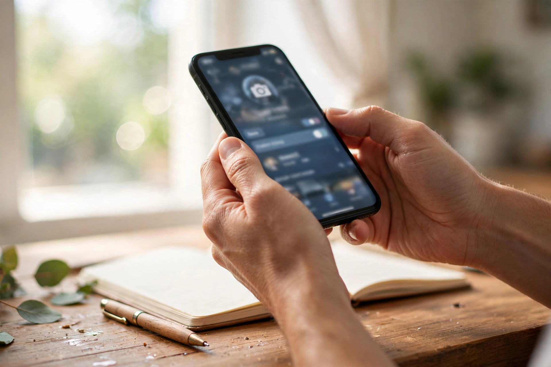 Hands holding a smartphone above a desk with a notebook and pen while setting up an app profile