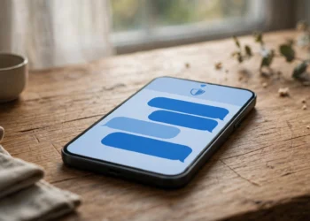 Smartphone on a wooden desk showing a simple blue messaging app with chat bubbles and a small shield icon