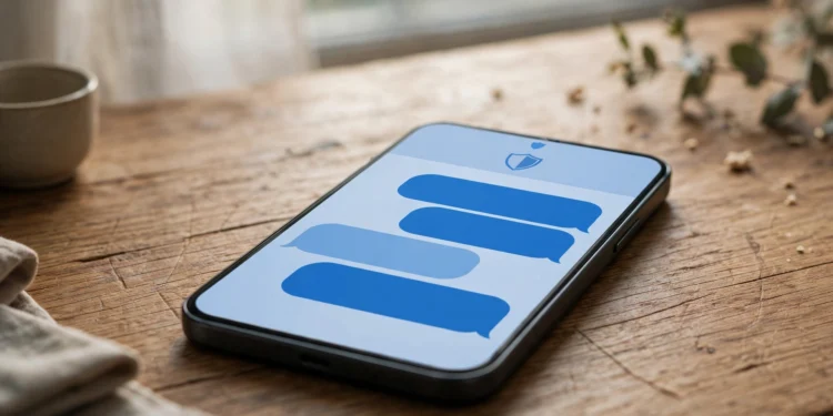 Smartphone on a wooden desk showing a simple blue messaging app with chat bubbles and a small shield icon