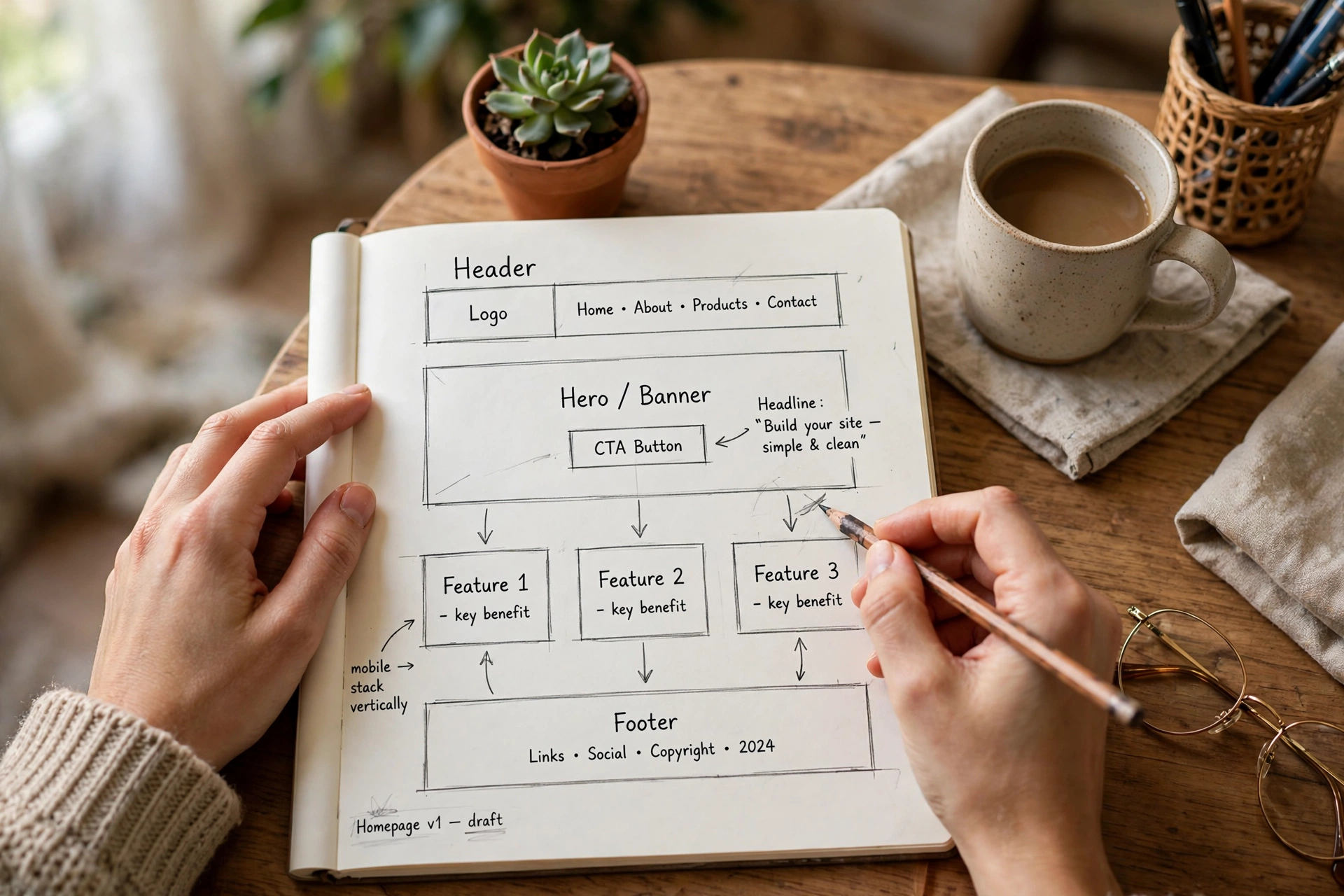 Hands sketching a simple website layout wireframe with a pencil in an open notebook