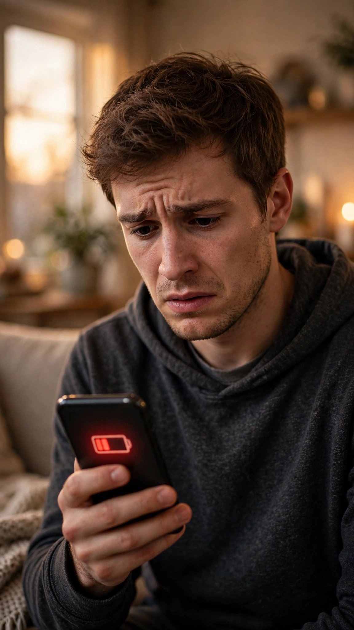 Person holding a smartphone with low battery warning at home