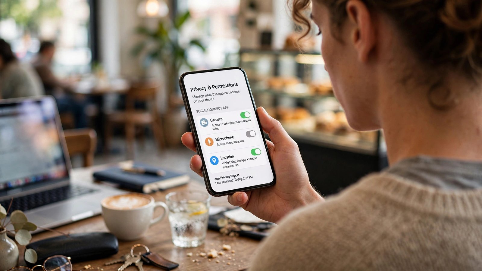 Over-the-shoulder view of a person reviewing app privacy permission toggles for camera, microphone and location on a phone