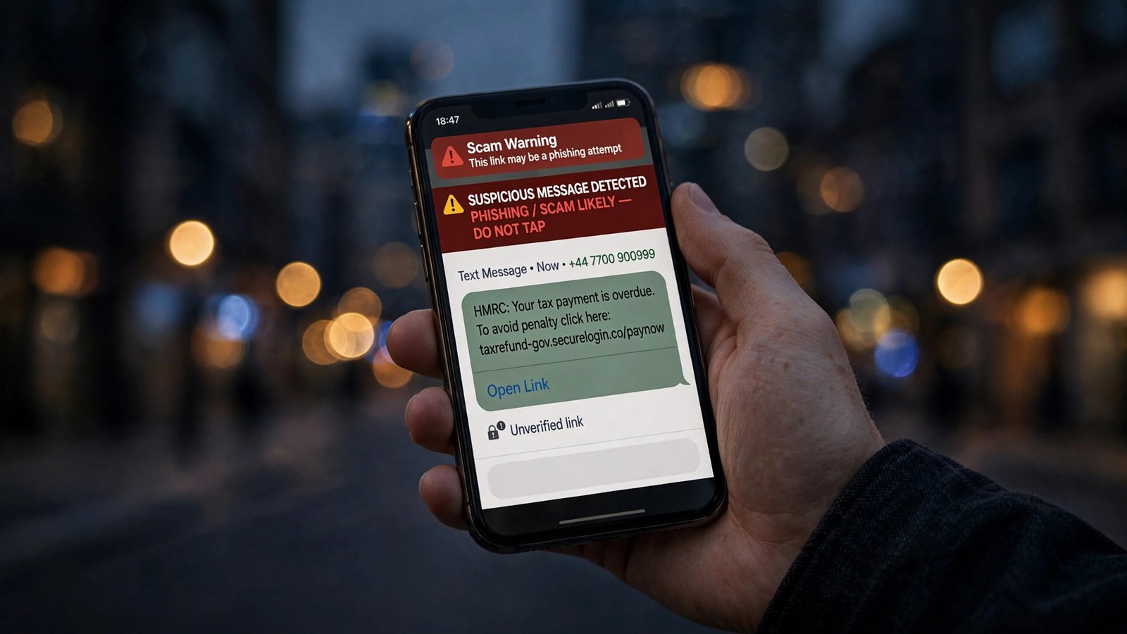 Hand holding a smartphone showing a suspicious scam text message alert with a warning symbol, blurred city at dusk behind