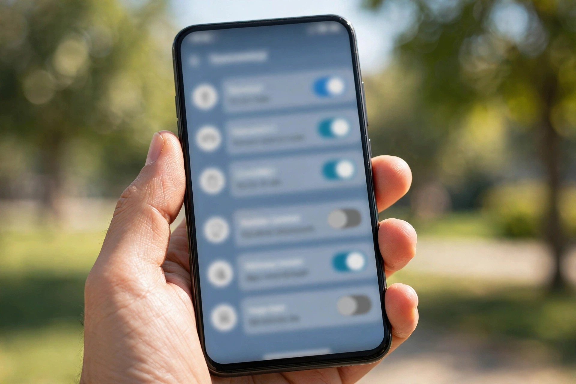 Hand holding a smartphone showing privacy and security settings toggles