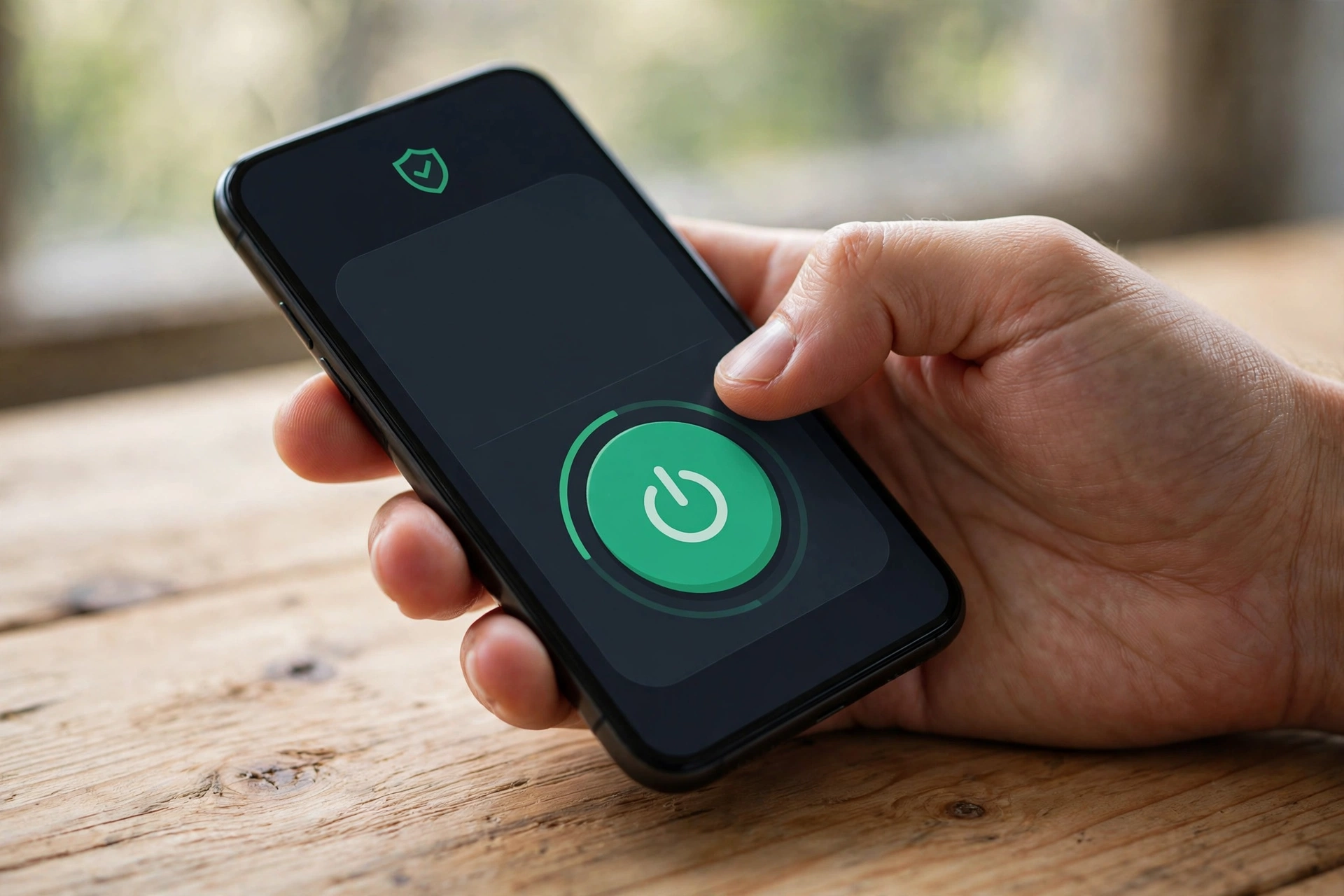Hand holding a smartphone showing a VPN app with a connect button on a wooden table