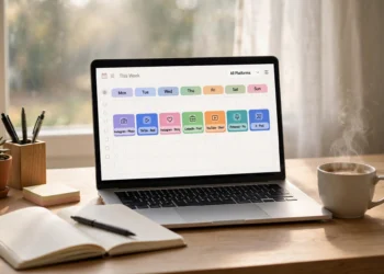 Laptop on a home-office desk showing a colorful weekly content calendar with scheduled social media posts, beside a notebook and a cup of coffee